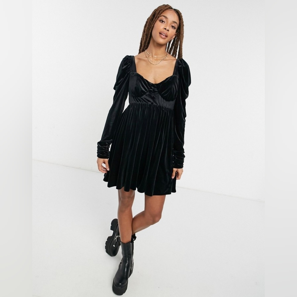 ASOS Design Black Velvet Long Sleeve Mini Dress